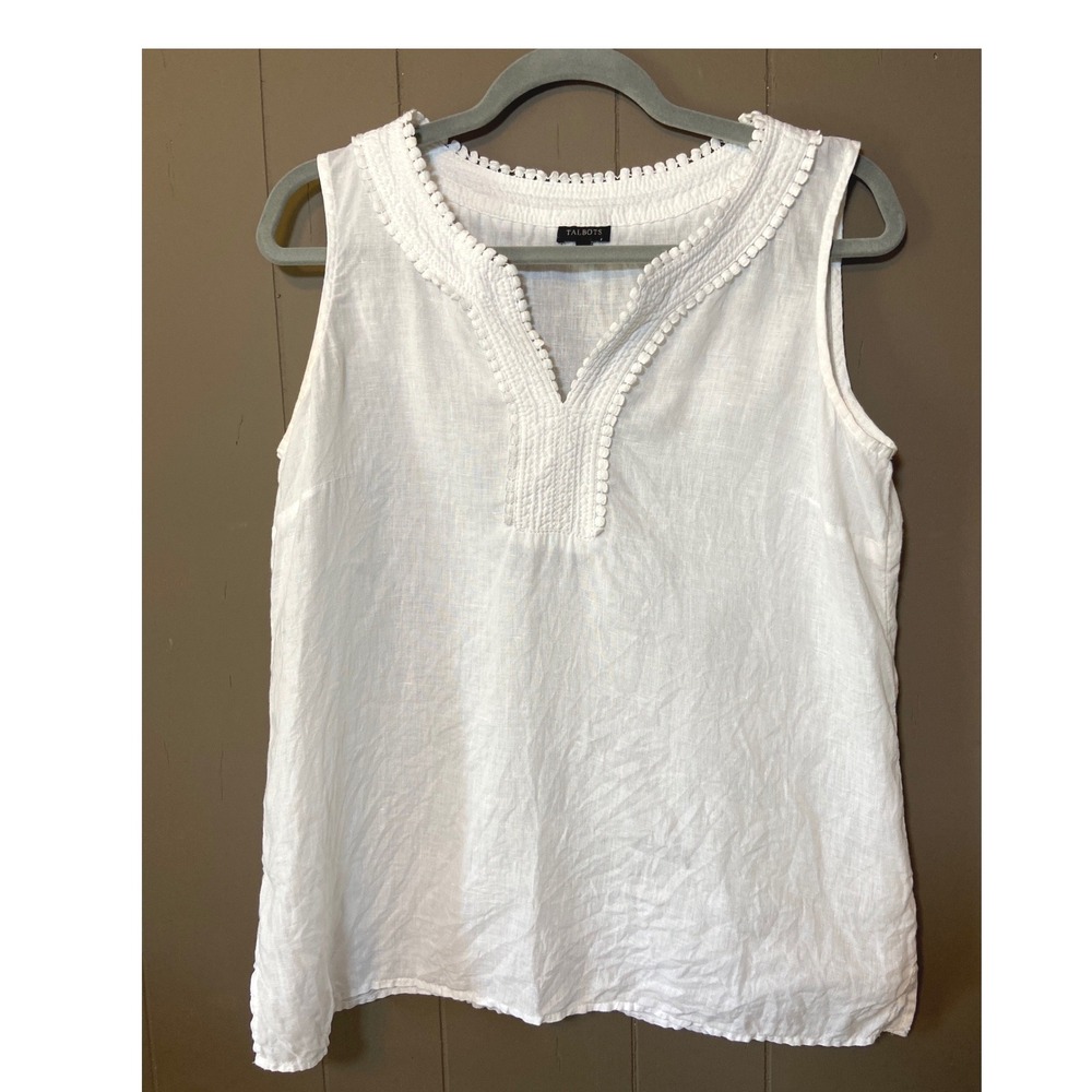 Talbots Womens White 100% Linen Sleeveless Pom Pom Trim V-Neck Blouse Size M